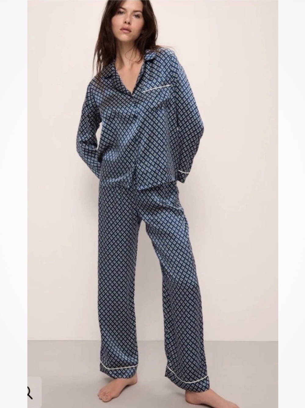 Eberjey Silk Satin Pajama Set Blue White Geometric Button Front Inez